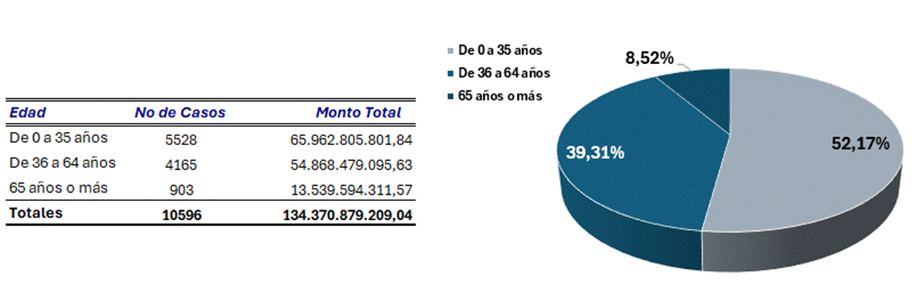 Cuadro y Gráfico de los bonos otorgados en el 2025 por edad del jefe de familia.